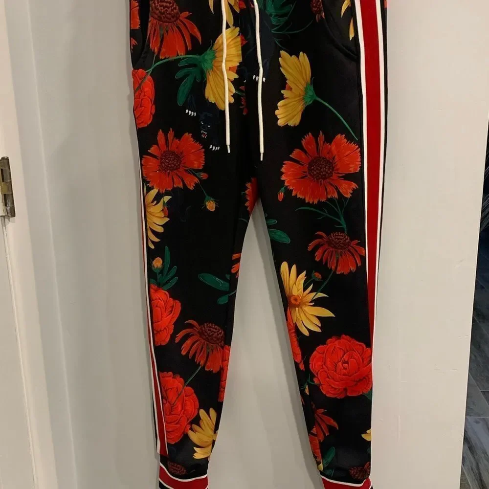 Reason Black and Red Floral Sweatpants with Sporty Stripes